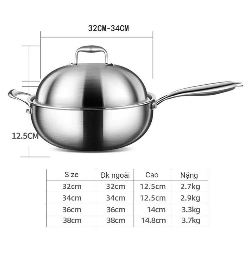 Chảo bầu inox 316 size 32-38cm nắp inox dạng bầu 316JS