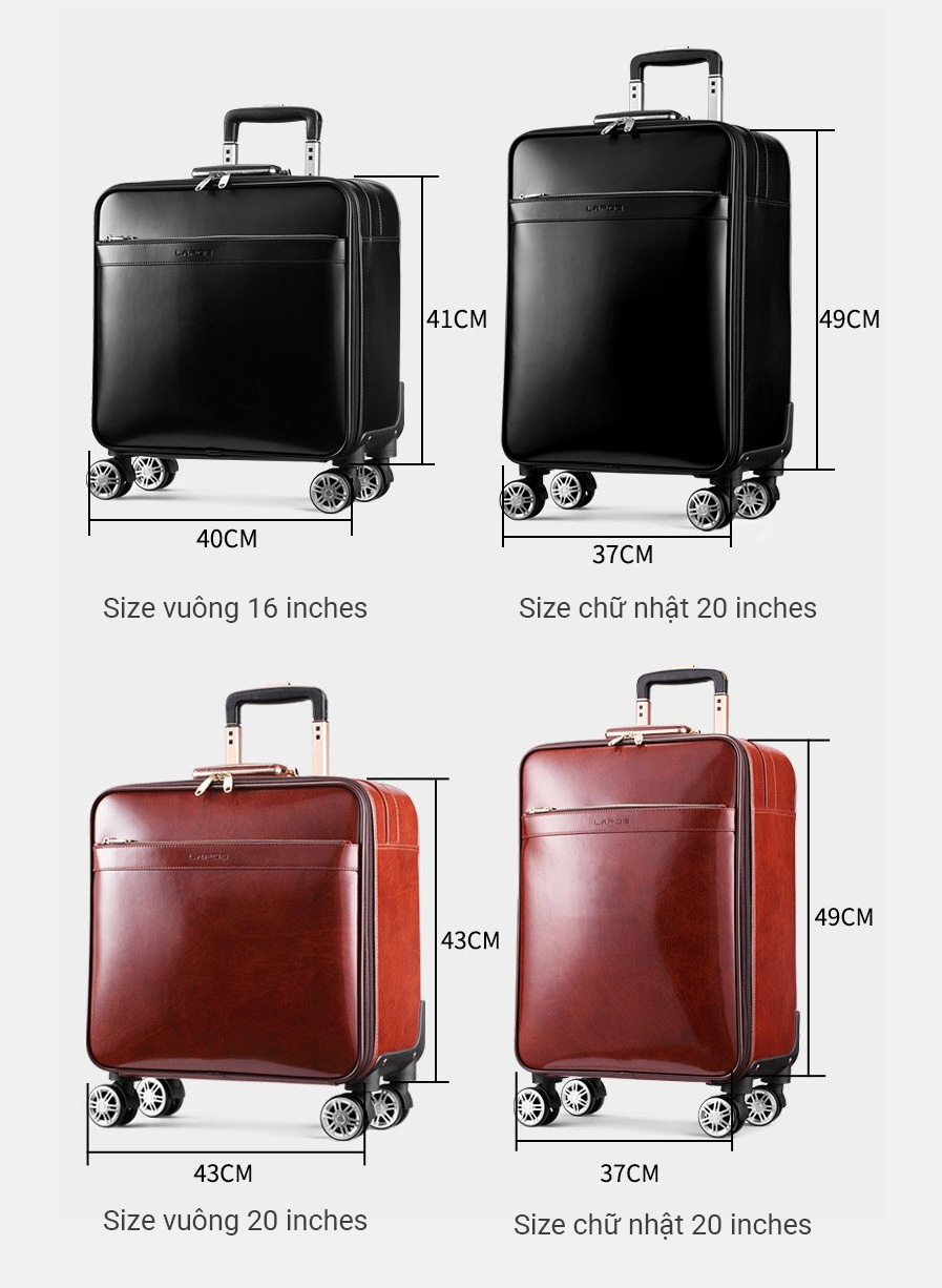 Vali kéo du lịch Lapoe Da Bò thật size 16-20 inch LB3016