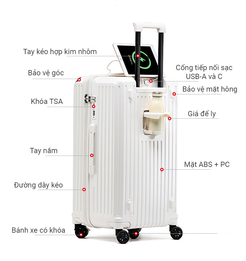 Vali kéo du lịch khóa TSA có cổng sạc USB size 20-32inch T2111