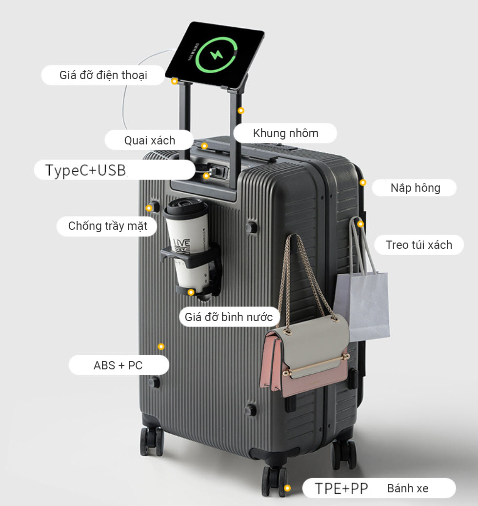 Vali kéo du lịch khóa TSA cổng sạc USB có nắp hông size 20-24inch PH3012