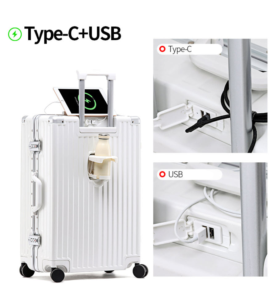 Vali kéo du lịch khóa đôi TSA viền nhôm cổng sạc USB size 20-29inch PH2009
