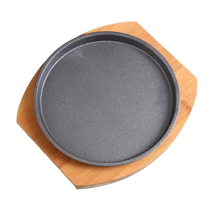 Chảo gang tròn ăn bò beefsteak size 19-25cm đế gỗ tre TB089