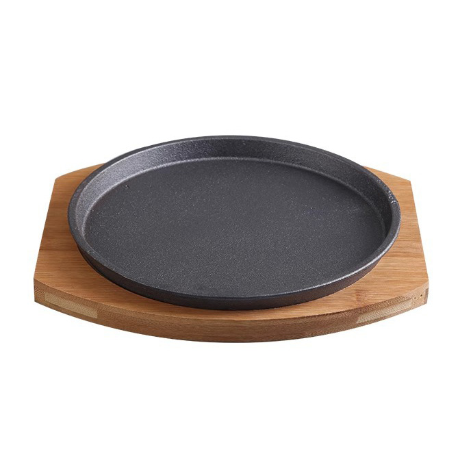 Chảo gang tròn ăn bò beefsteak size 19-25cm đế gỗ tre TB089