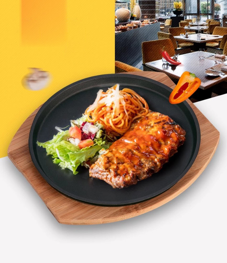 Chảo gang tròn ăn bò beefsteak size 19-25cm đế gỗ tre TB089