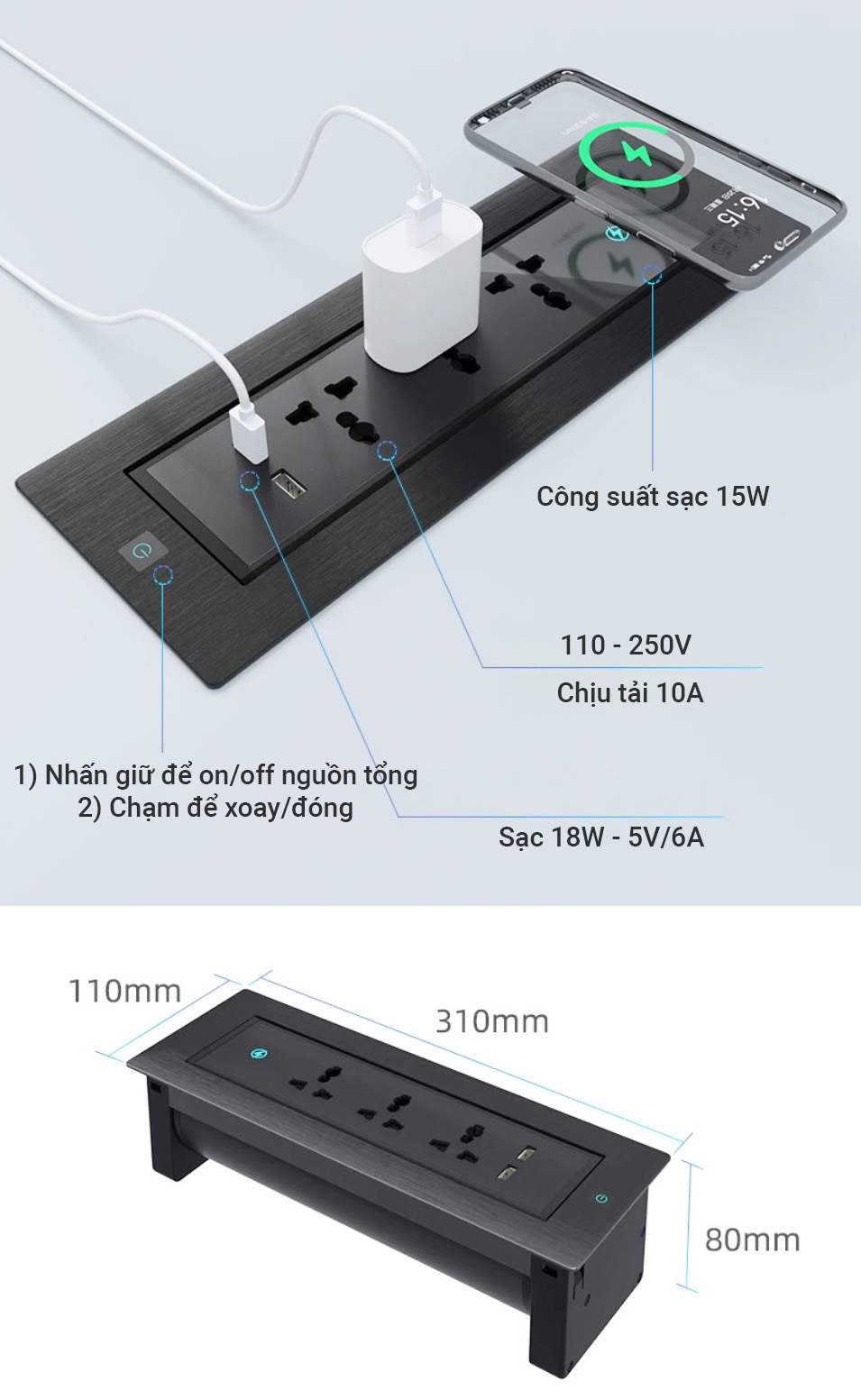 Ổ cắm âm bàn xoay tự động sạc không dây 3 ổ cắm 2 USB-A OEM JRB011