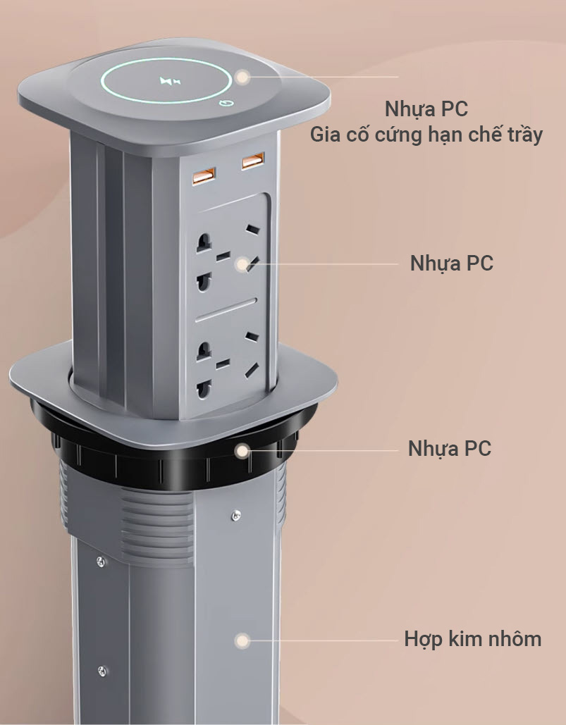 Ổ cắm âm bàn trượt tự động sạc không dây 4 ổ cắm 2 USB-A 2 USB-C OEM BJQP1