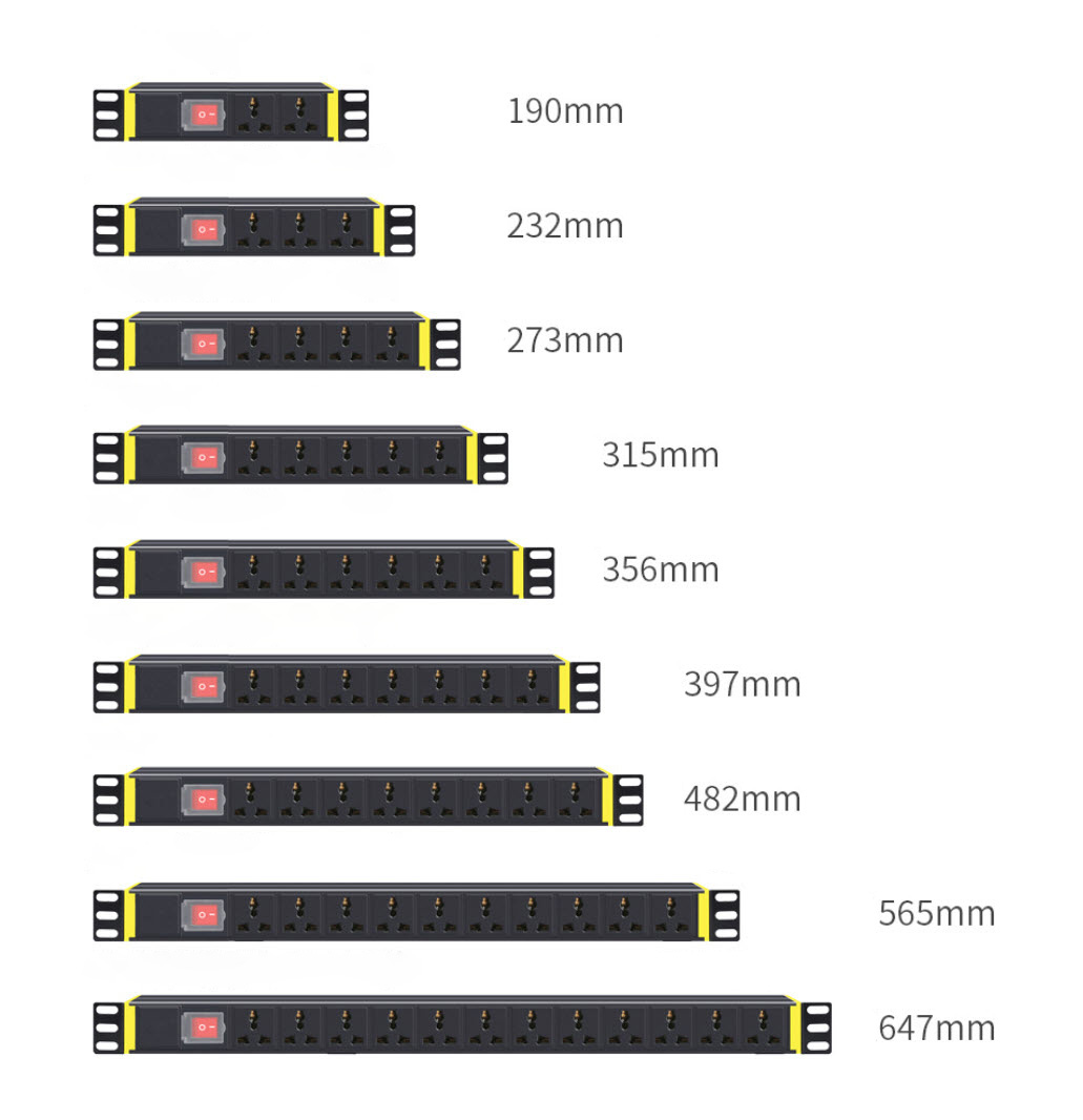 Thanh nguồn PDU tủ rack 2-12 cổng chuẩn quốc tế có công tắc nguồn vỏ nhôm 1U CYX11