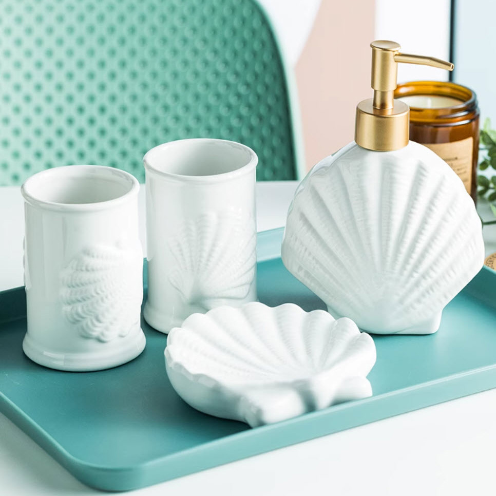Bộ đồ dùng nhà tắm Vỏ Sò Sao Biển sứ trắng 4 món đựng xà bông rửa tay đựng xà bông cục ZANE21B