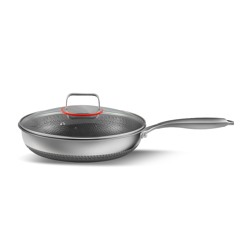 Chảo inox 316L vân tổ ong đáy bằng PDG03 kết cấu 3 lớp size 26-32cm nắp kính