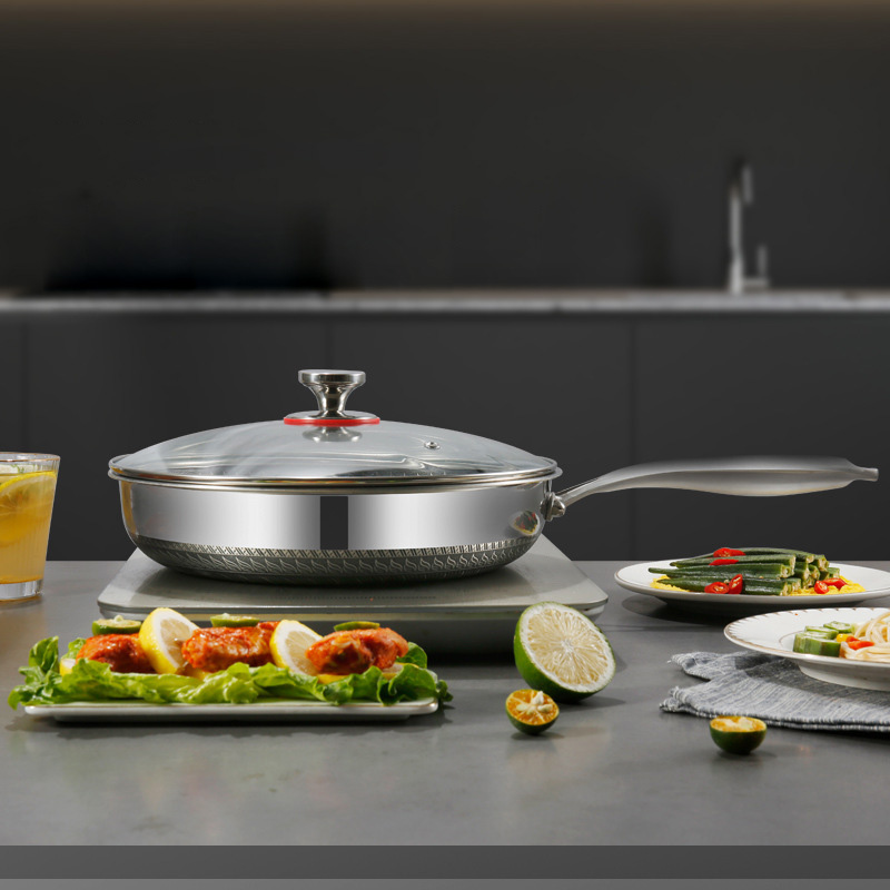 Chảo inox 316L vân tổ ong đáy bằng PDG03 kết cấu 3 lớp size 26-32cm nắp kính