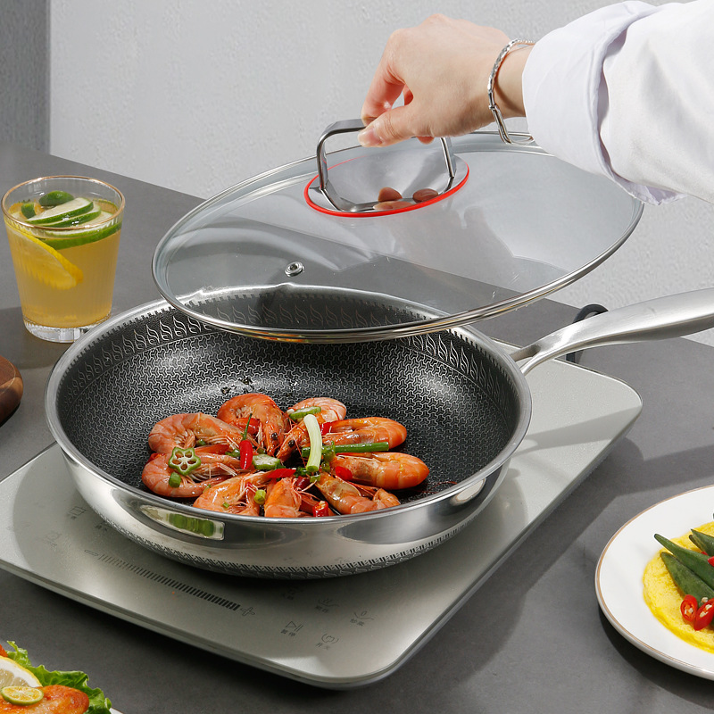 Chảo inox 316L vân tổ ong đáy bằng PDG03 kết cấu 3 lớp size 26-32cm nắp kính