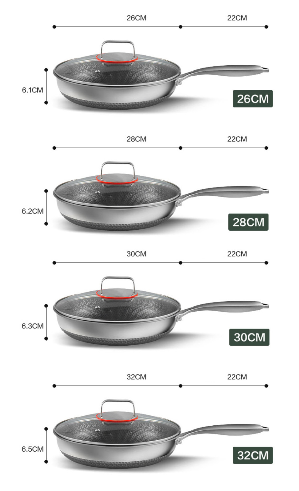 Chảo inox 316L vân tổ ong đáy bằng PDG03 kết cấu 3 lớp size 26-32cm nắp kính