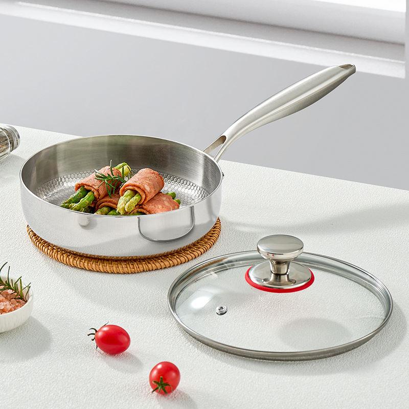 Chảo inox 316L vân nổi 3D chống dính tự nhiên PDG08 cấu tạo 3 lớp kèm nắp kính.