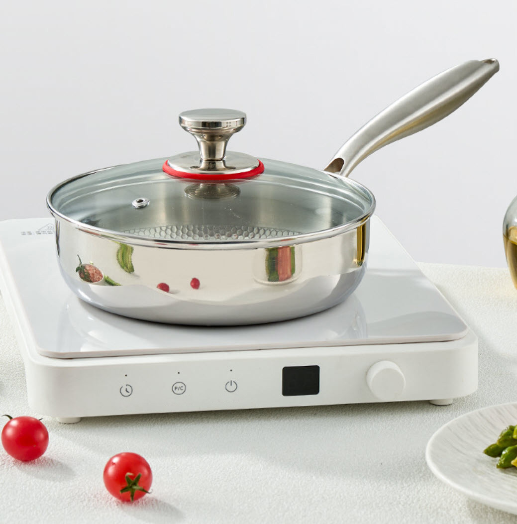 Chảo inox 316L vân nổi 3D chống dính tự nhiên PDG08 cấu tạo 3 lớp kèm nắp kính.