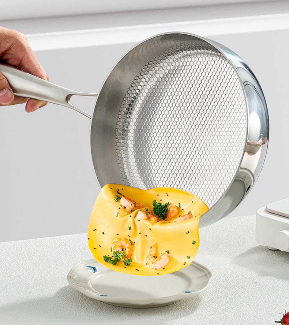 Chảo inox 316L vân nổi 3D chống dính tự nhiên PDG08 cấu tạo 3 lớp kèm nắp kính.