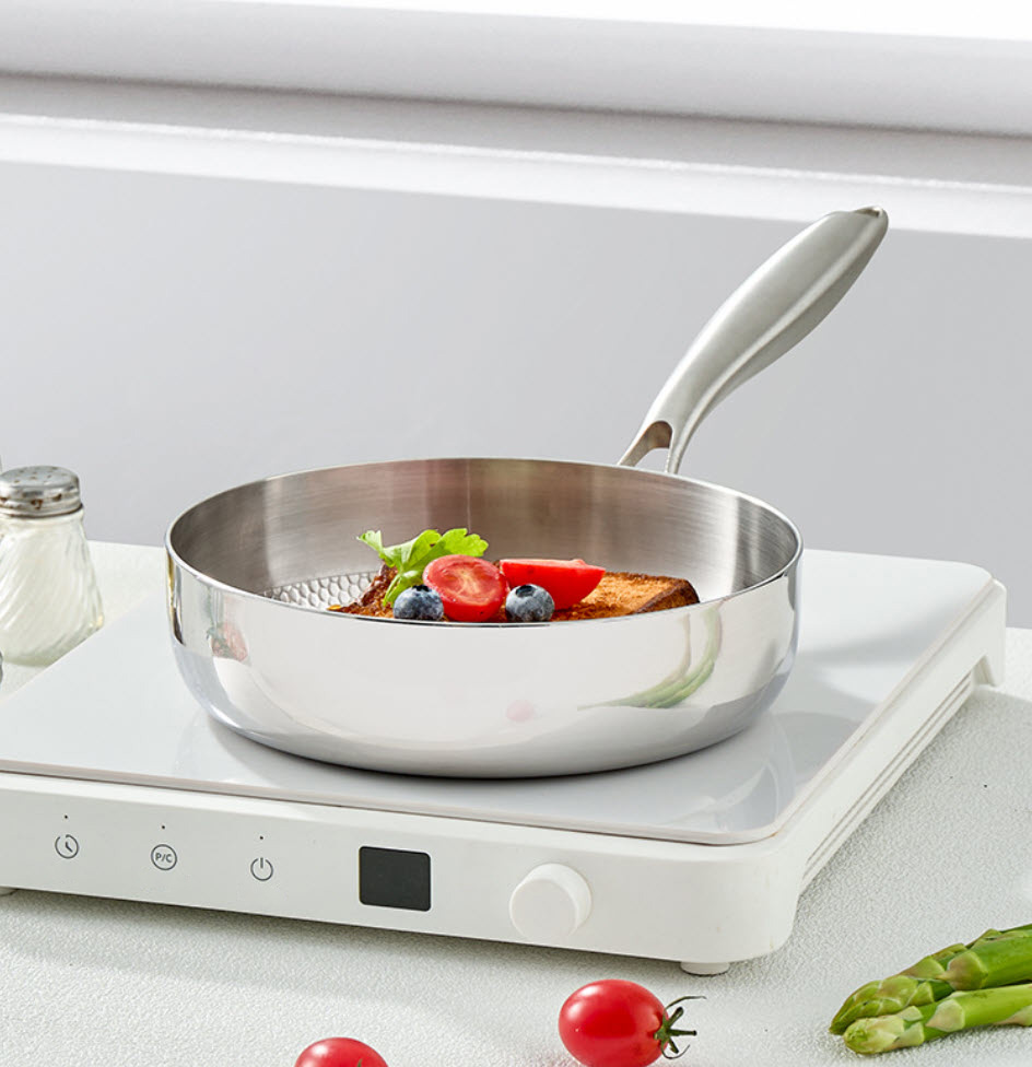 Chảo inox 316L vân nổi 3D chống dính tự nhiên PDG08 cấu tạo 3 lớp kèm nắp kính.