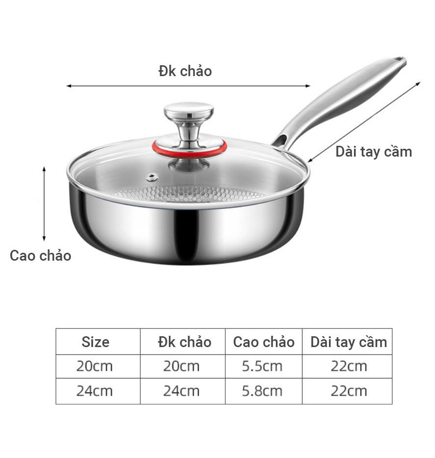 Chảo inox 316L vân nổi 3D chống dính tự nhiên PDG08 cấu tạo 3 lớp kèm nắp kính.
