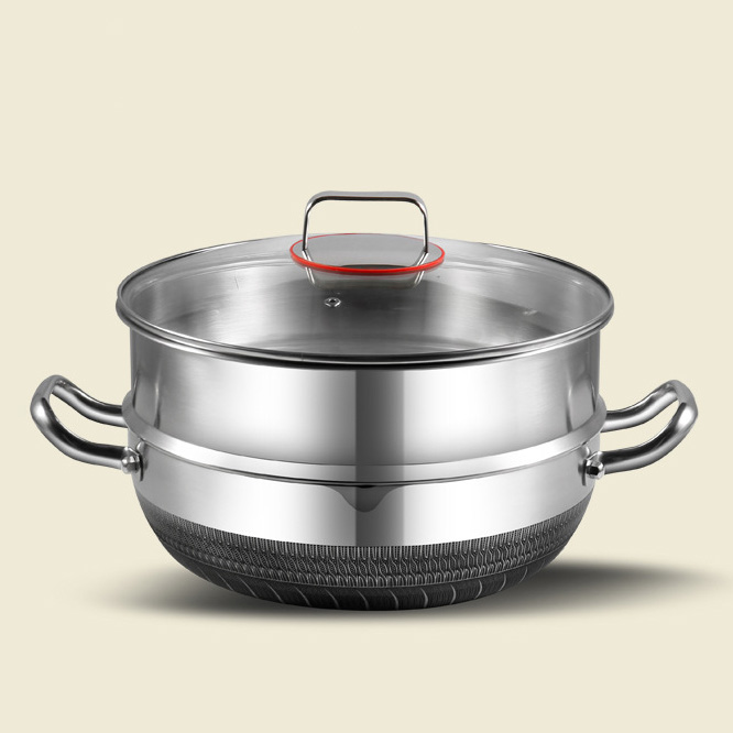 Chảo inox 316 sâu lòng 2 quai chống dính vân tổ ong PDG09 cấu tạo 3 lớp có xửng hấp.