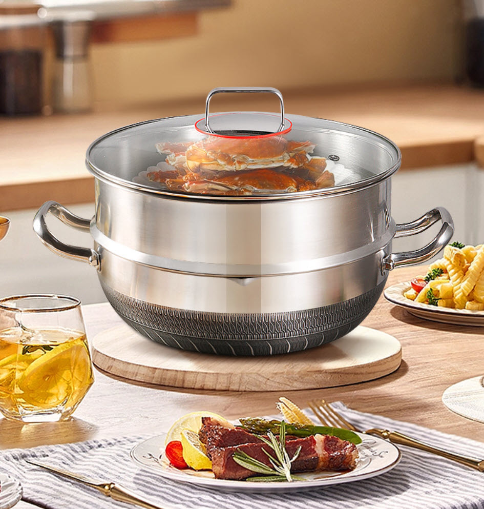 Chảo inox 316 sâu lòng 2 quai chống dính vân tổ ong PDG09 cấu tạo 3 lớp có xửng hấp.