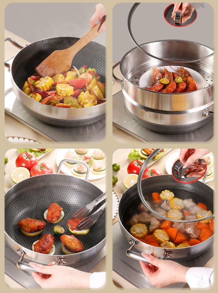 Chảo inox 316 sâu lòng 2 quai chống dính vân tổ ong PDG09 cấu tạo 3 lớp có xửng hấp.