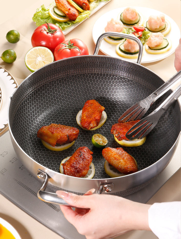 Chảo inox 316 sâu lòng 2 quai chống dính vân tổ ong PDG09 cấu tạo 3 lớp có xửng hấp.