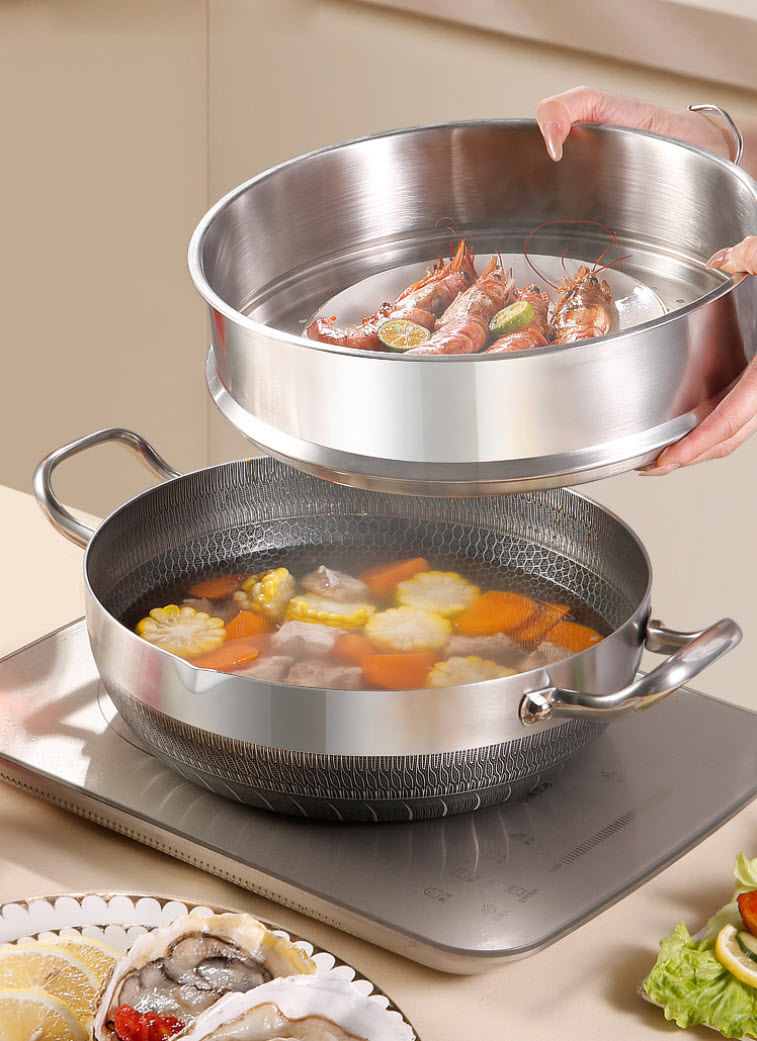 Chảo inox 316 sâu lòng 2 quai chống dính vân tổ ong PDG09 cấu tạo 3 lớp có xửng hấp.