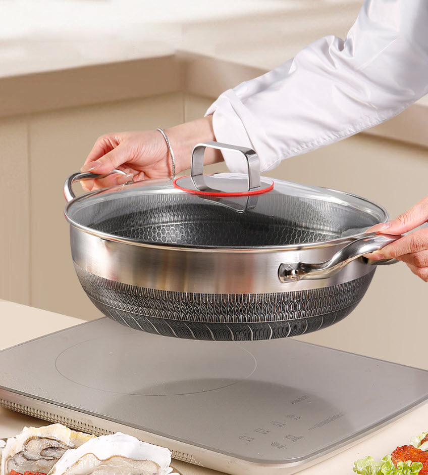 Chảo inox 316 sâu lòng 2 quai chống dính vân tổ ong PDG09 cấu tạo 3 lớp có xửng hấp.