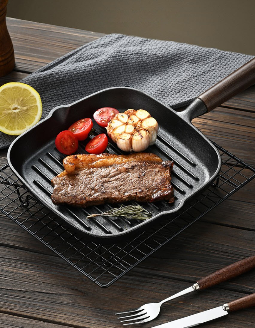 Chảo gang chiên beefsteak 23cm chảo nướng cá nấu các món Tây Âu đáy vân sọc nổi JBX11