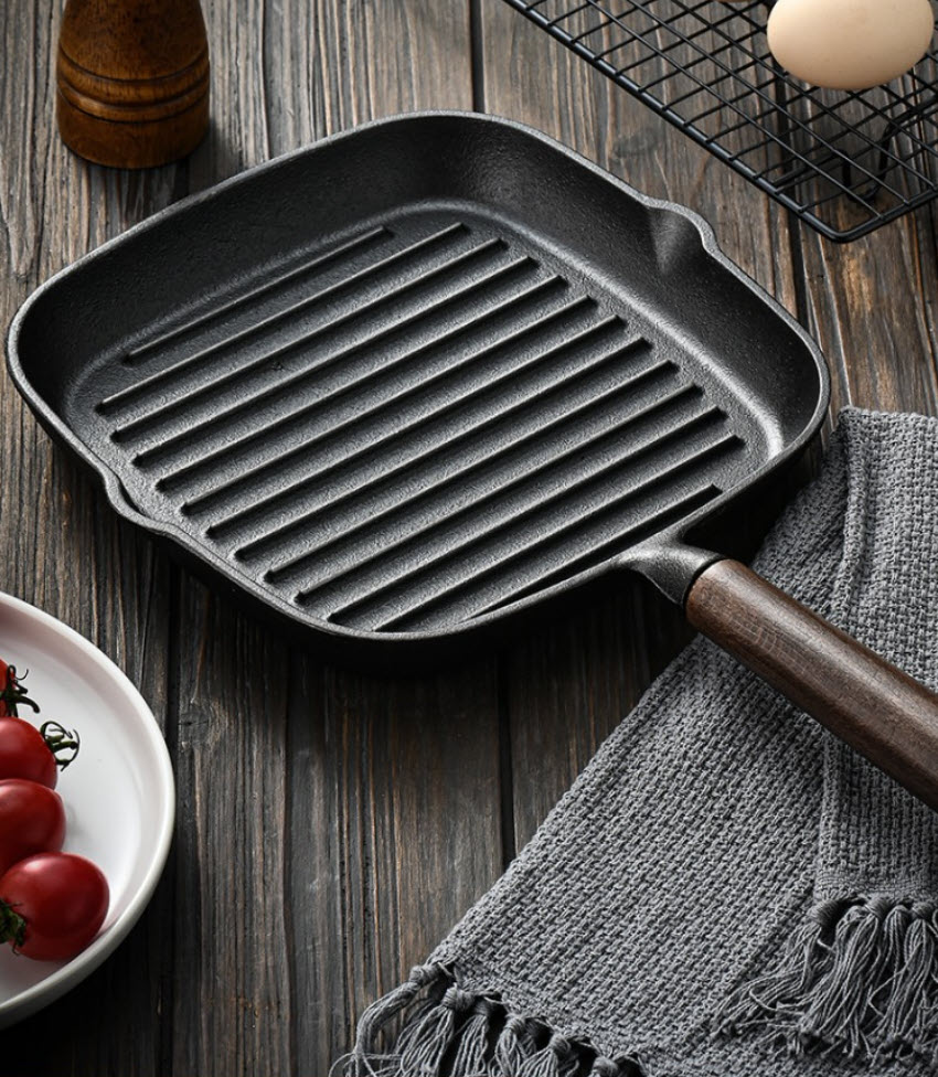 Chảo gang chiên beefsteak 23cm chảo nướng cá nấu các món Tây Âu đáy vân sọc nổi JBX11