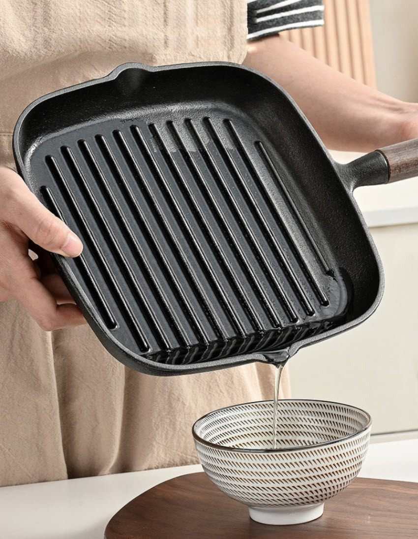 Chảo gang chiên beefsteak 23cm chảo nướng cá nấu các món Tây Âu đáy vân sọc nổi JBX11