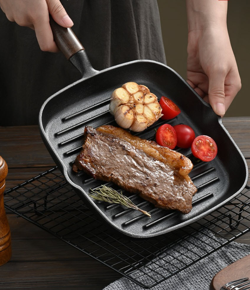 Chảo gang chiên beefsteak 23cm chảo nướng cá nấu các món Tây Âu đáy vân sọc nổi JBX11
