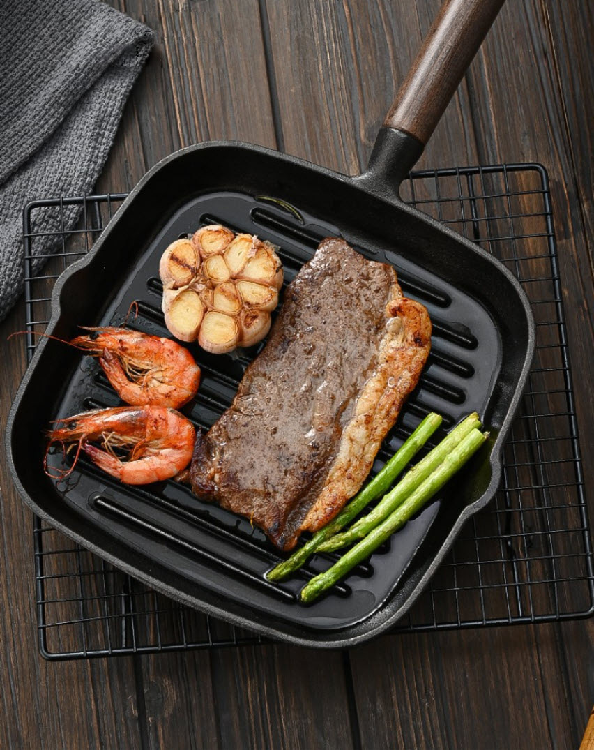 Chảo gang chiên beefsteak 23cm chảo nướng cá nấu các món Tây Âu đáy vân sọc nổi JBX11