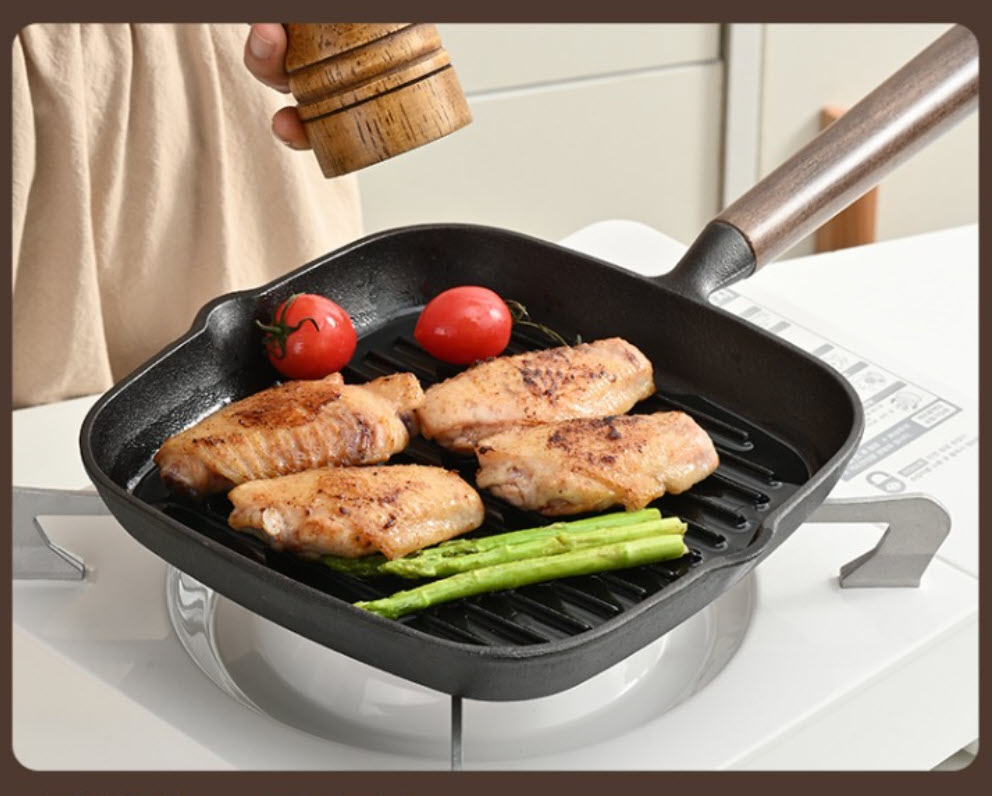 Chảo gang chiên beefsteak 23cm chảo nướng cá nấu các món Tây Âu đáy vân sọc nổi JBX11