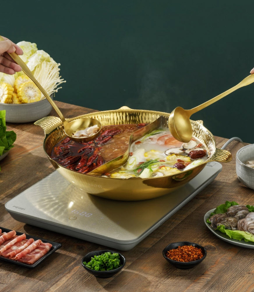 Nồi lẩu 2 ngăn inox 304 mẫu Coucou vân búa size 34cm 3 lớp YX1125