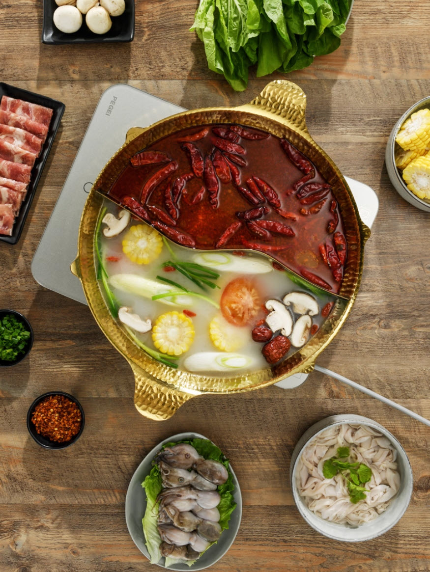 Nồi lẩu 2 ngăn inox 304 mẫu Coucou vân búa size 34cm 3 lớp YX1125