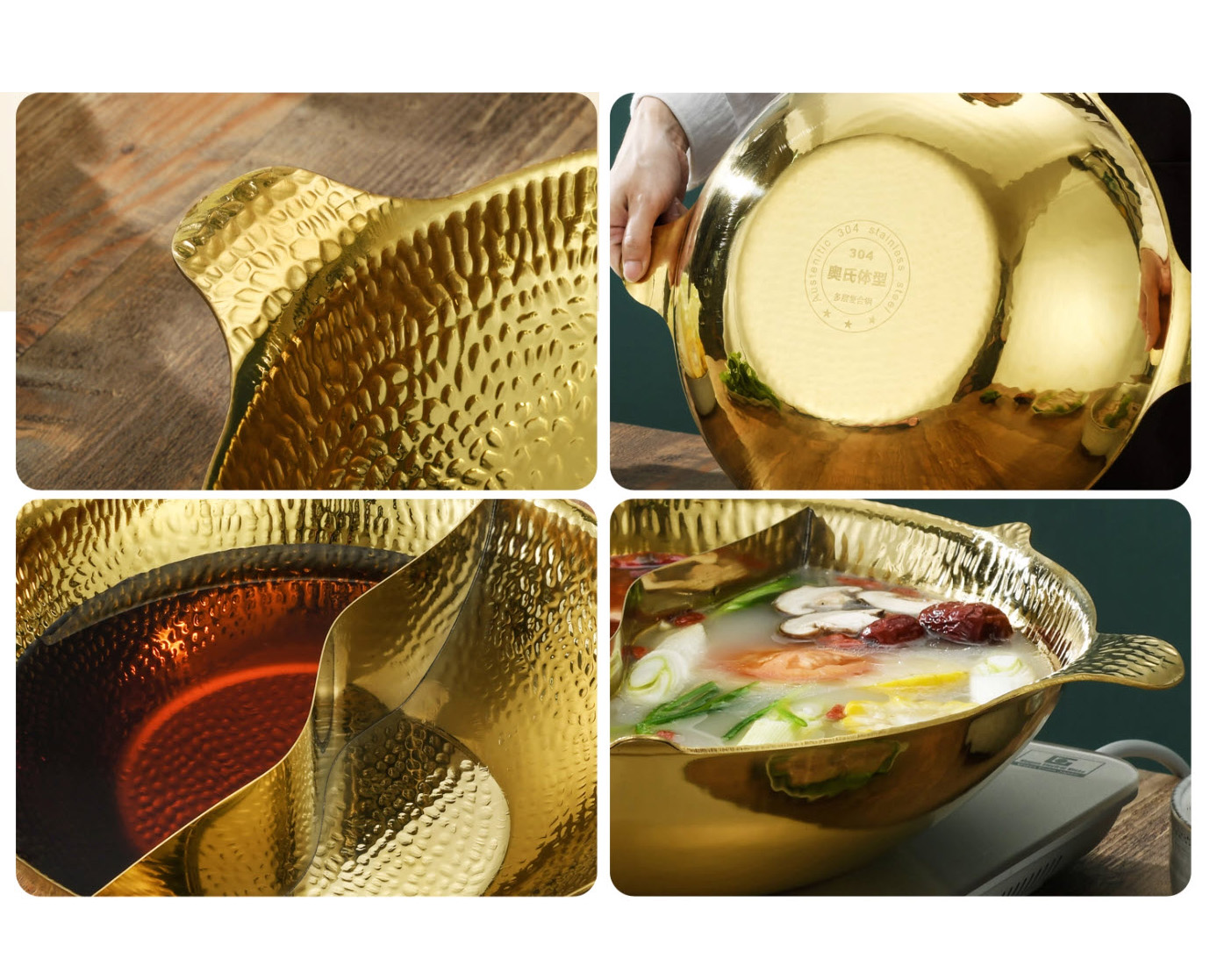 Nồi lẩu 2 ngăn inox 304 mẫu Coucou vân búa size 34cm 3 lớp YX1125