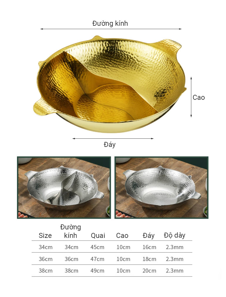 Nồi lẩu 2 ngăn inox 304 mẫu Coucou vân búa size 34cm 3 lớp YX1125