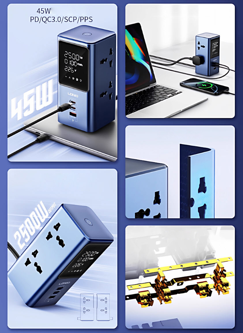Ổ cắm đa năng 4 cổng 2500W kèm sạc nhanh 45W màn hình LED hiển thị thông số LDNIO SC4408