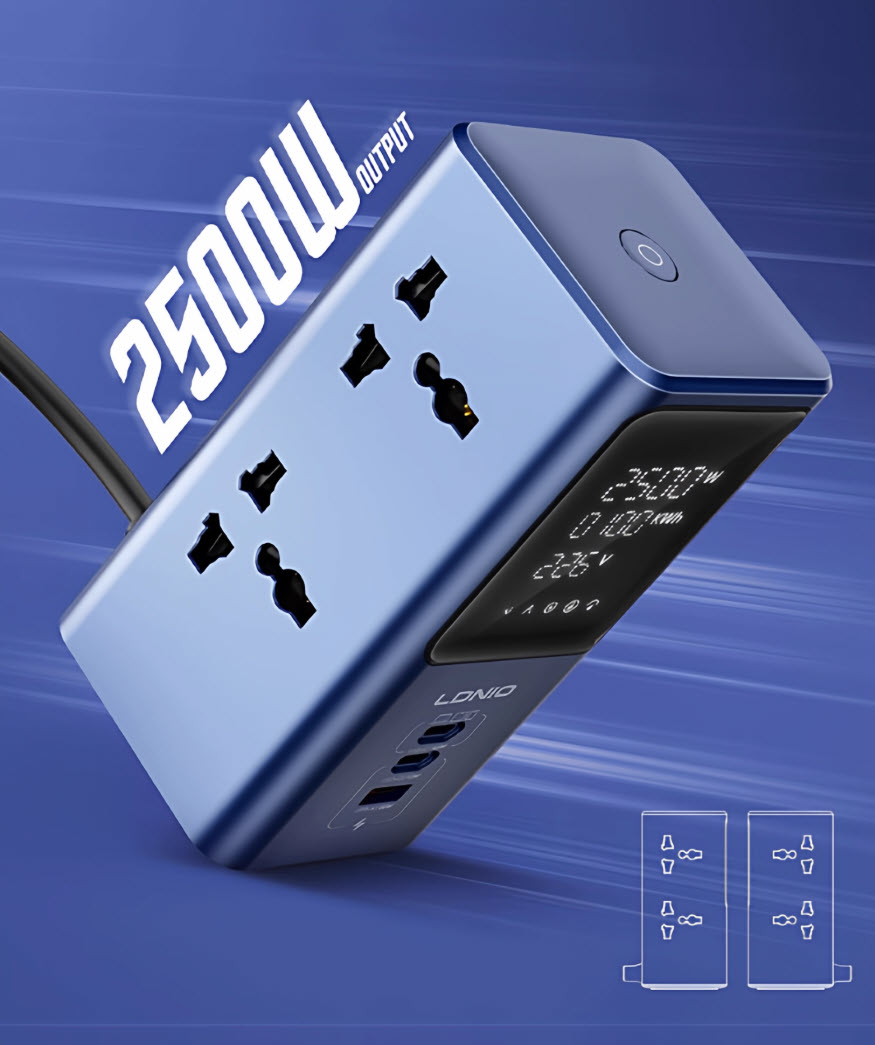 Ổ cắm đa năng 4 cổng 2500W kèm sạc nhanh 45W màn hình LED hiển thị thông số LDNIO SC4408