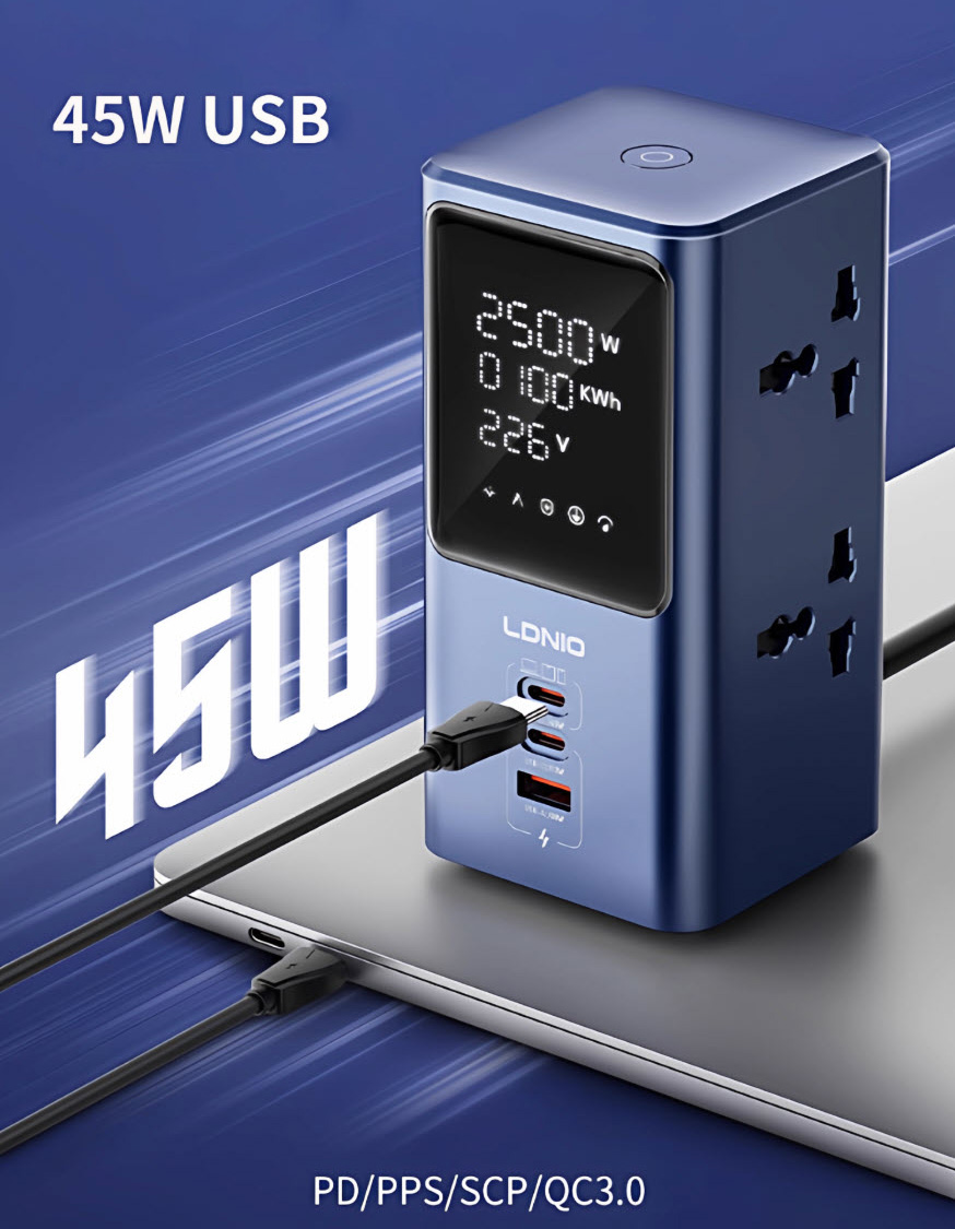 Ổ cắm đa năng 4 cổng 2500W kèm sạc nhanh 45W màn hình LED hiển thị thông số LDNIO SC4408