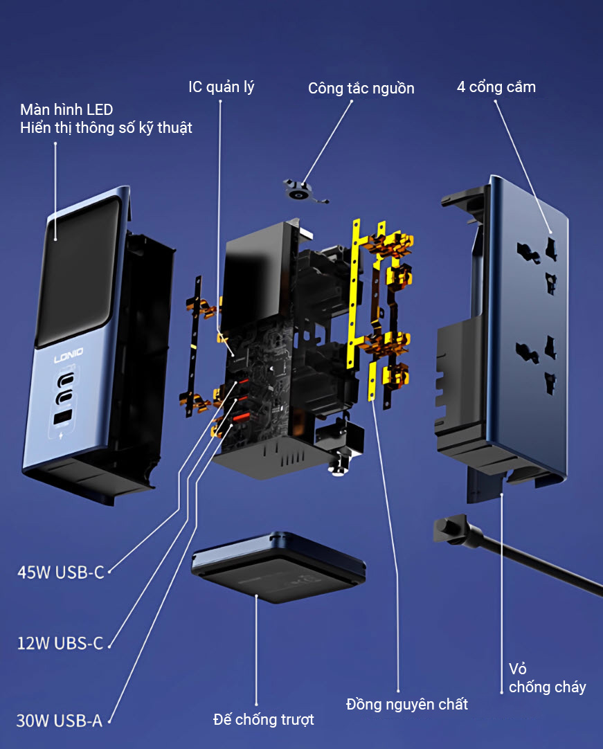 Ổ cắm đa năng 4 cổng 2500W kèm sạc nhanh 45W màn hình LED hiển thị thông số LDNIO SC4408