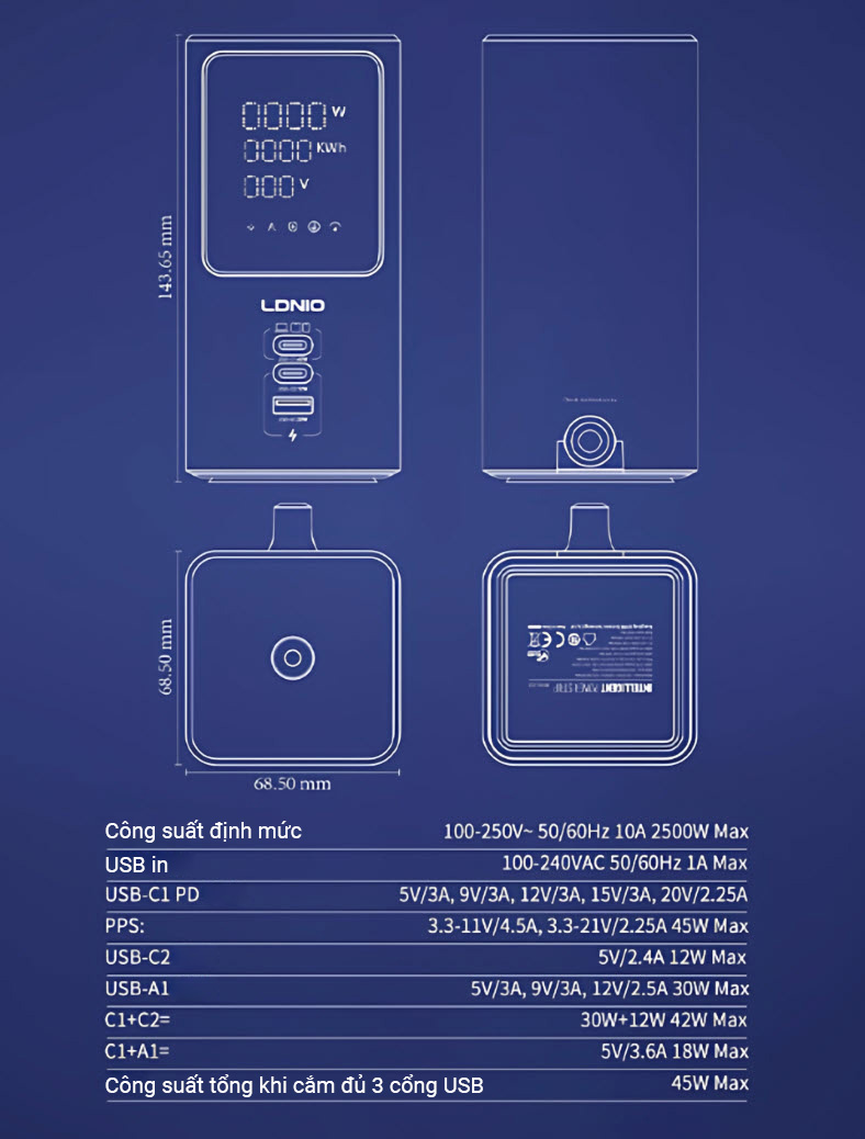 Ổ cắm đa năng 4 cổng 2500W kèm sạc nhanh 45W màn hình LED hiển thị thông số LDNIO SC4408