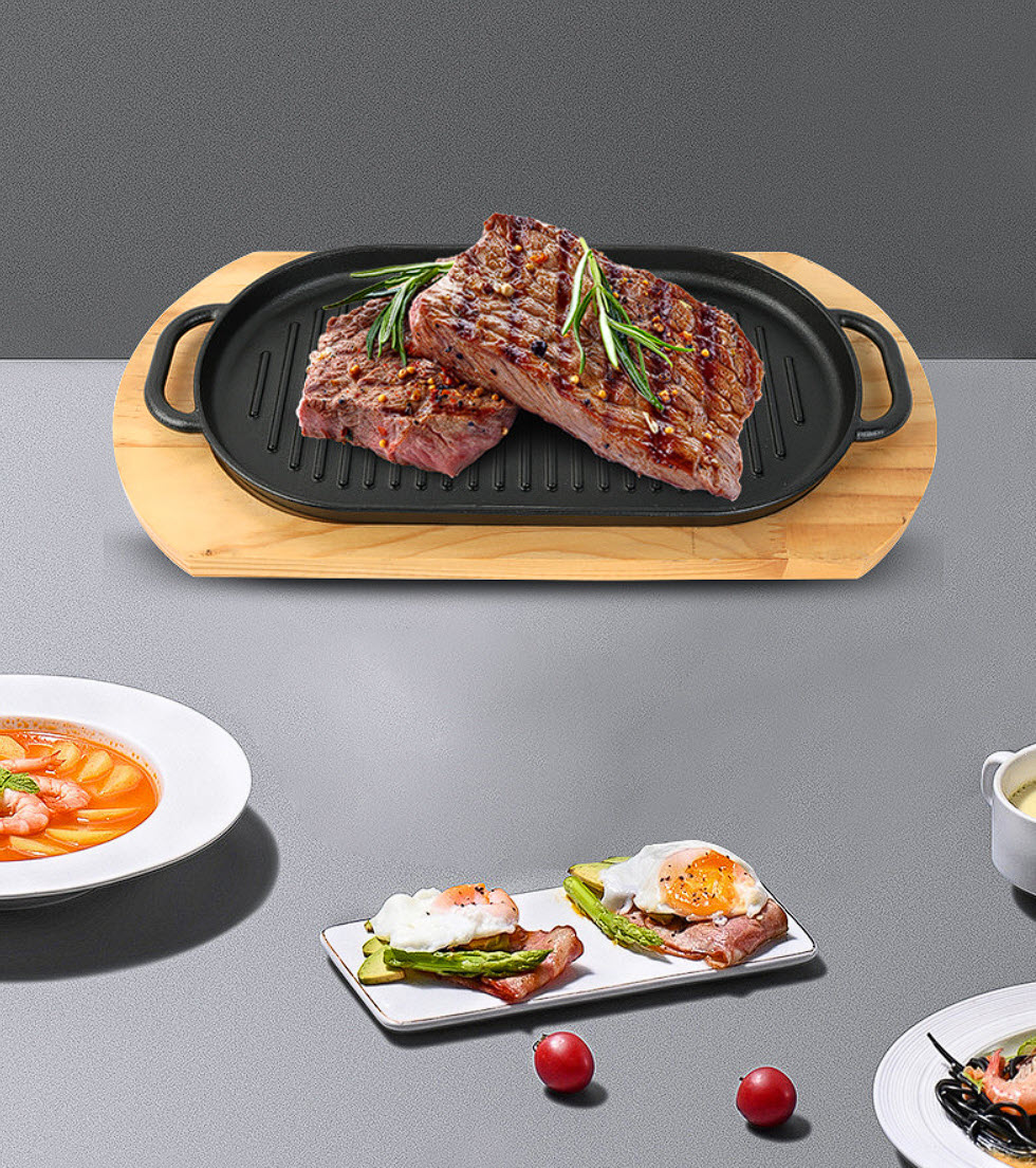 Chảo gang nướng beefsteak đáy vân nổi trưng bày món ăn để bàn YCY CGCD03