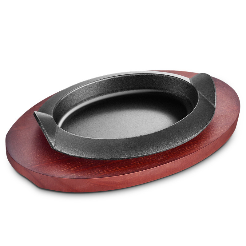 Chảo gang oval ăn bò beefsteak đế gỗ dày 3 size TB12