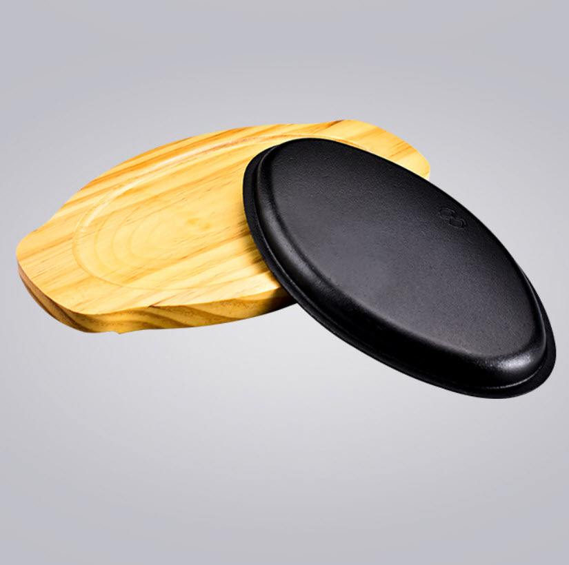 Chảo gang oval ăn bò beefsteak đế gỗ dày 3 size TB12