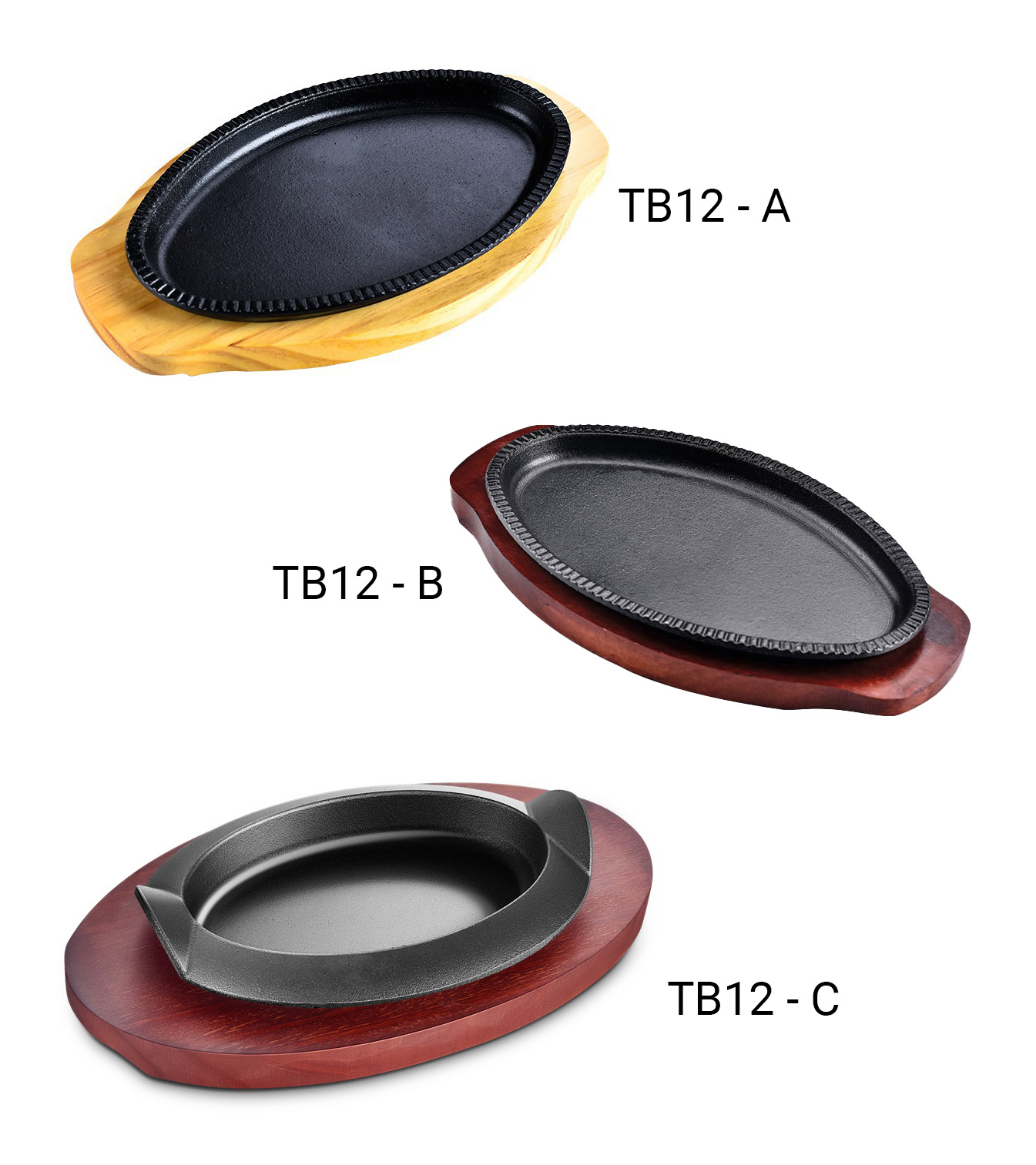 Chảo gang oval ăn bò beefsteak đế gỗ dày 3 size TB12