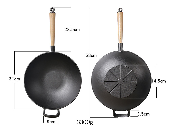 Chảo gang bầu 31cm tay cầm gỗ có quai phụ OEM CGT70