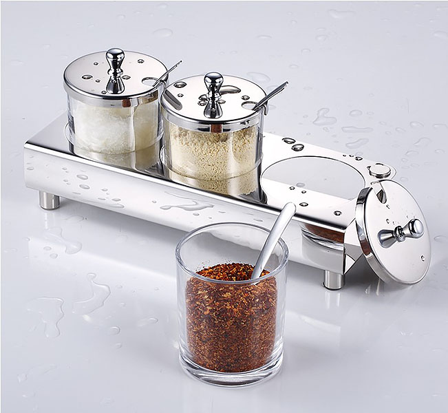 Bộ đựng gia vị inox 304 hũ thủy tinh 2-4 ngăn OEM KO3855