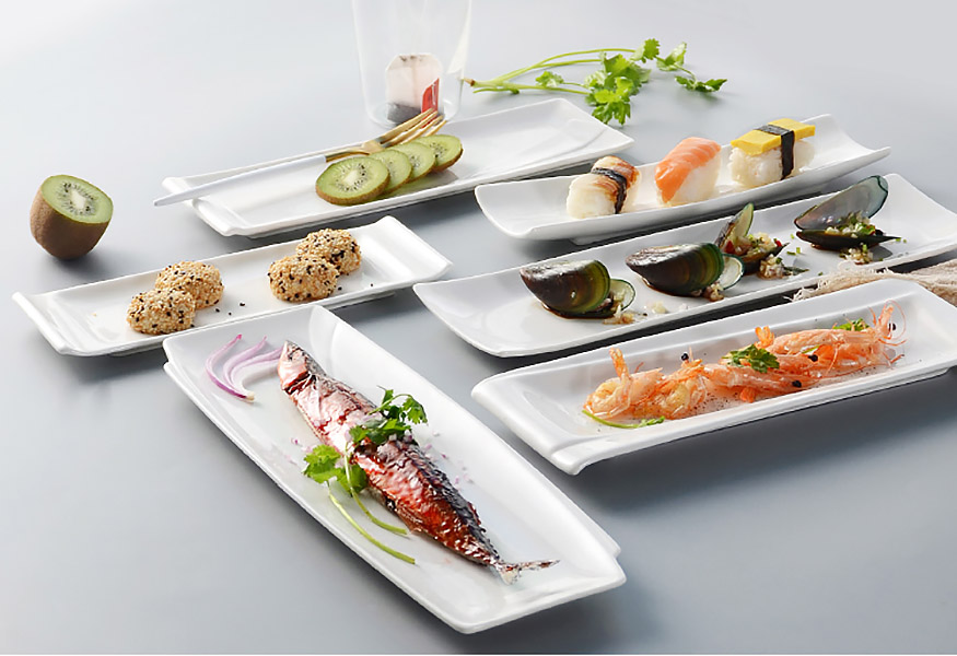 Dĩa kiểu gốm porcelain McAllen MA011 đựng sushi buffet nhà hàng.