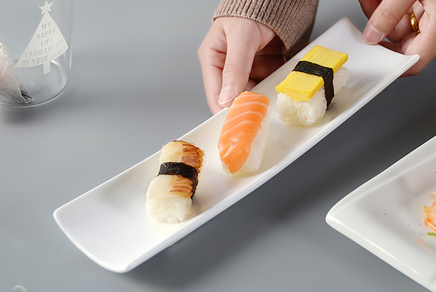 Dĩa kiểu gốm porcelain McAllen MA011 đựng sushi buffet nhà hàng.